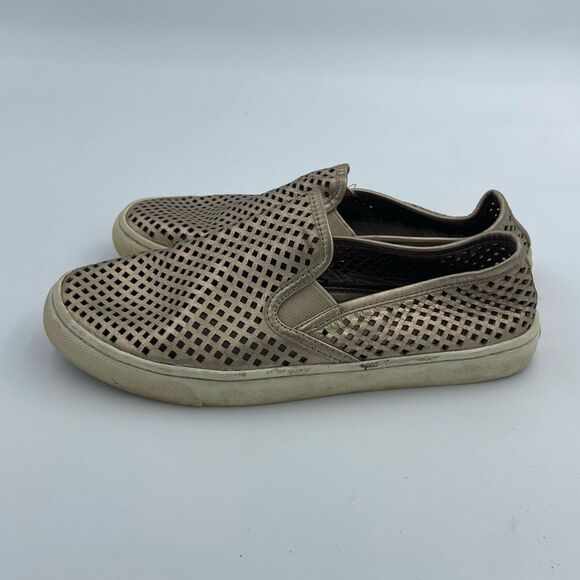 Tory Burch Jesse Gold Metallic Leather Perforated Slip On Shoes - Picture 4 of 6